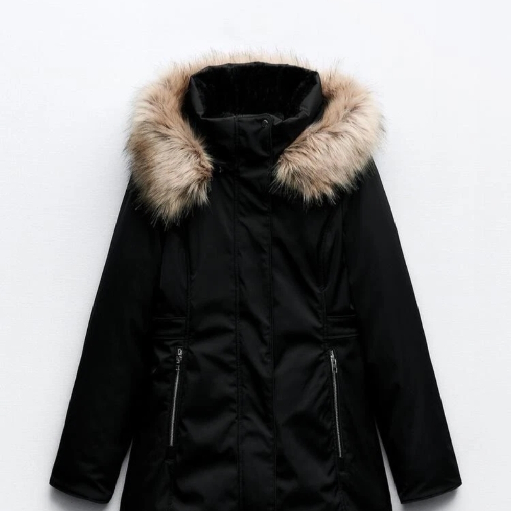 Women's Black Parka Coat with Faux Fur Trim Hood - Picture 7 of 7